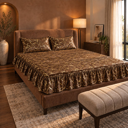 Chocolate Brown textured gold foil velvet bedsheet set with frill on a king-size bed with 2 matching pillow covers