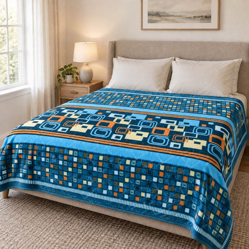 Teal Blue Abstract Square Mosaic Cloudy Velvet Blanket displayed on a double bed