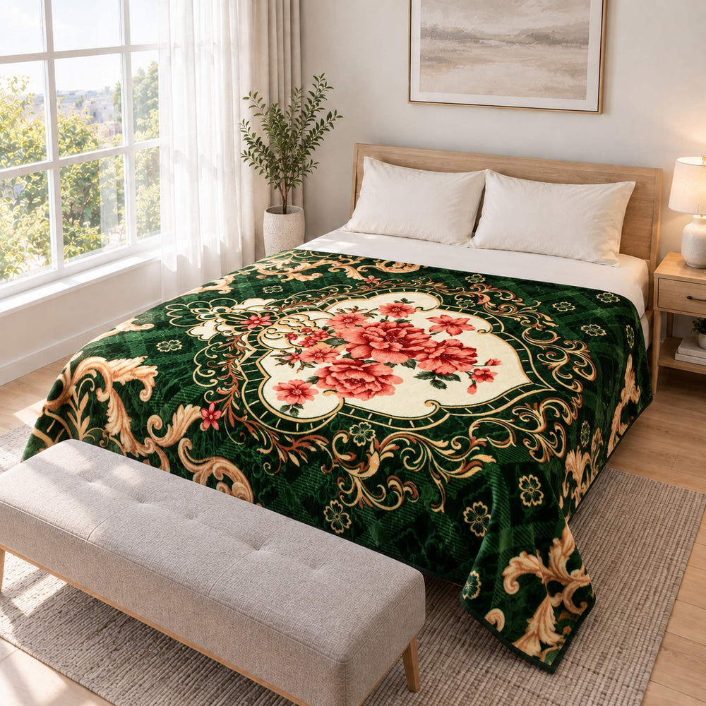 Emerald Green Baroque Floral Medallion Cloudy Velvet Blanket displayed on a double bed