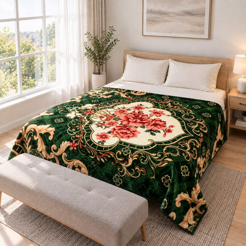 Emerald Green Baroque Floral Medallion Cloudy Velvet Blanket displayed on a double bed