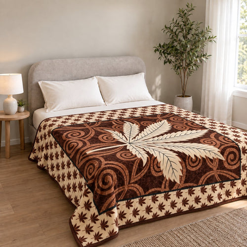 Chocolate Brown Botanical Leaf Scroll Cloudy Velvet Blanket displayed on a double bed