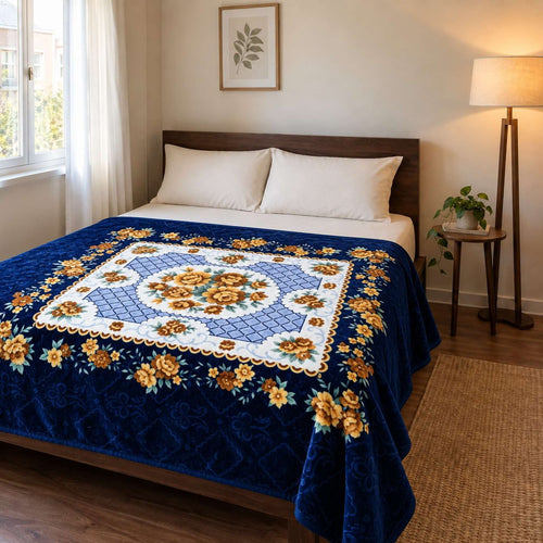Navy Blue Floral Lattice Panel Cloudy Velvet Blanket displayed on a double bed