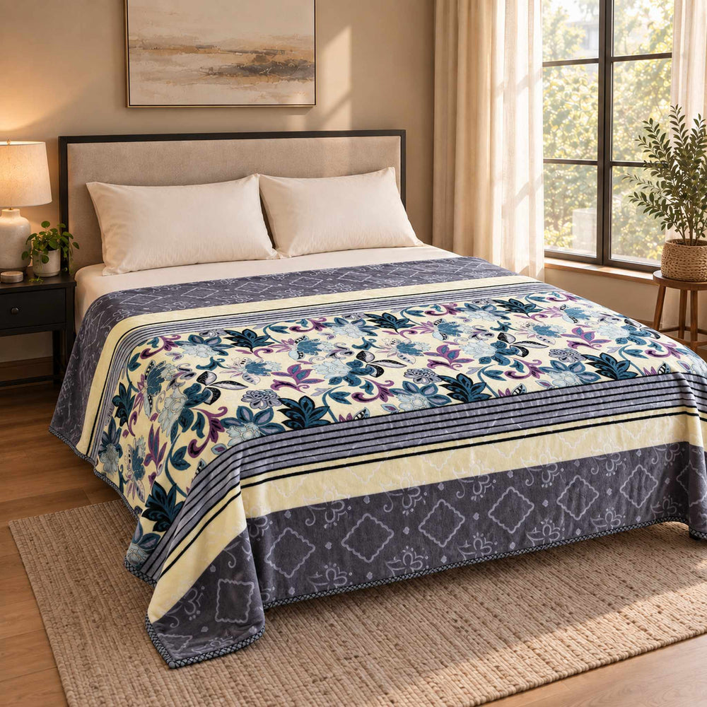 Grey / Cream Floral Stripe Scroll Cloudy Velvet Blanket displayed on a double bed