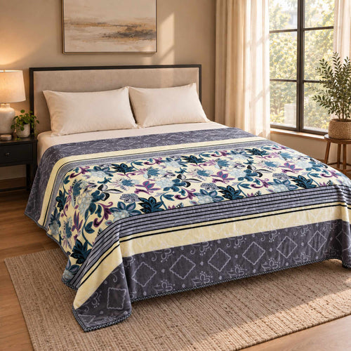 Grey / Cream Floral Stripe Scroll Cloudy Velvet Blanket displayed on a double bed
