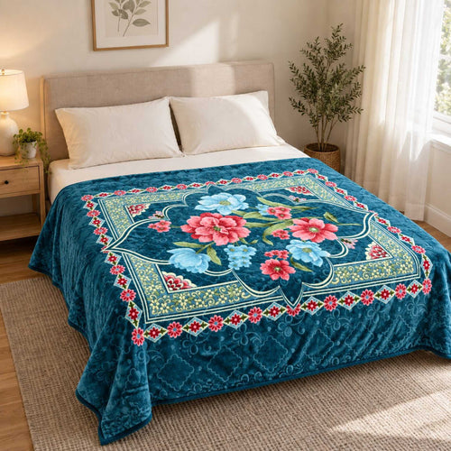 Teal Ornate Floral Frame Cloudy Velvet Blanket displayed on a double bed