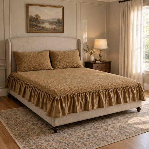 Golden Brown quilted velvet bedsheet set with frill on a king-size bed with 2 matching quilted pillow covers